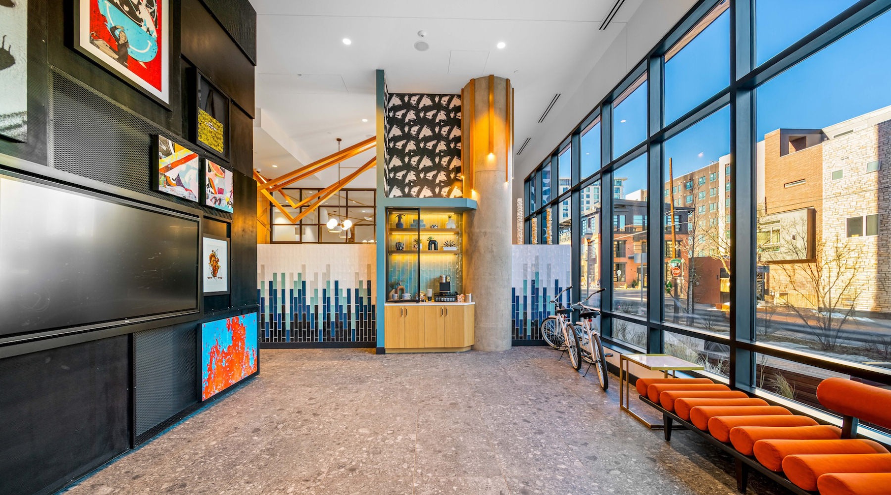 spacious lounge with media center and large windows