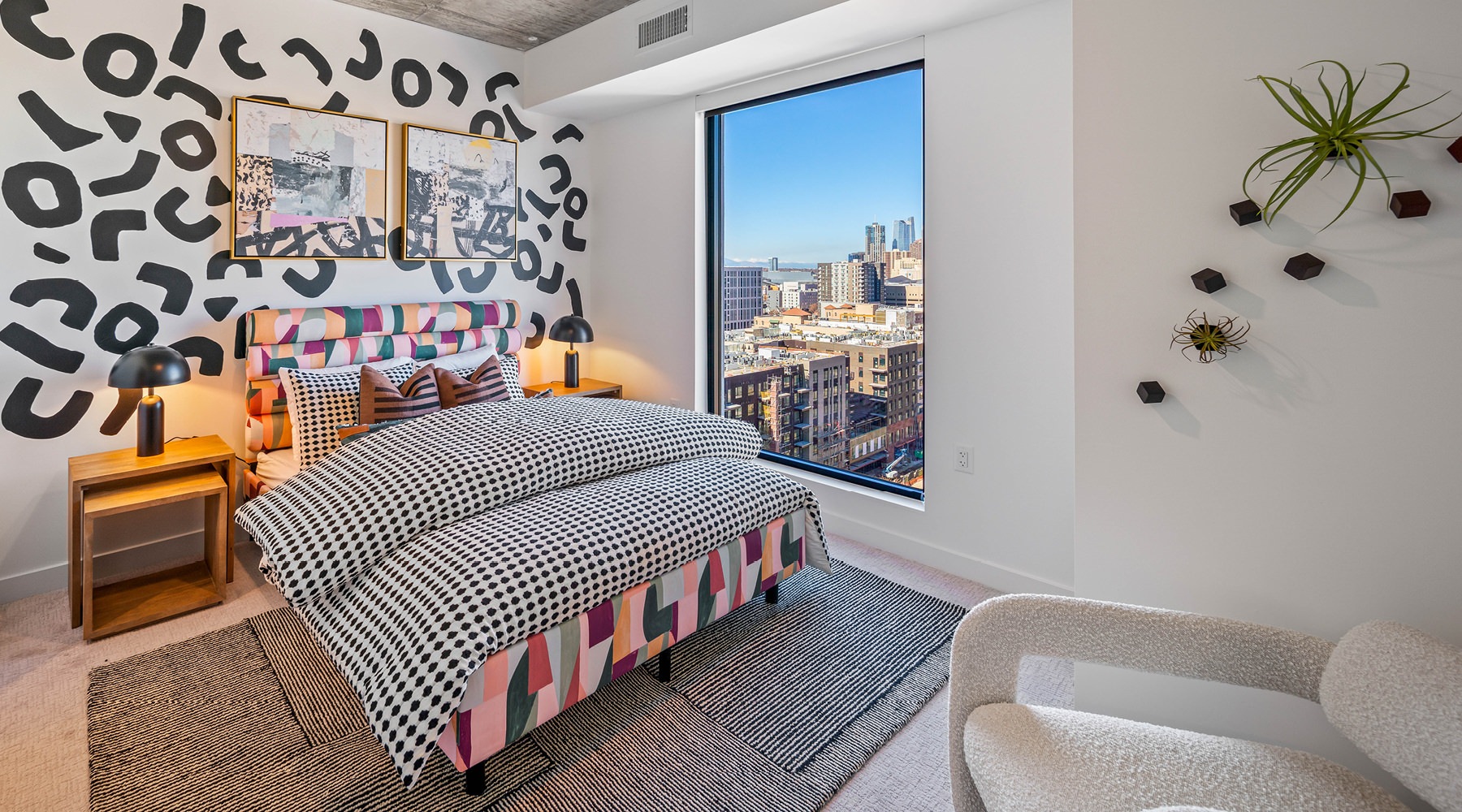 Bedroom with natural lighting and high ceilings